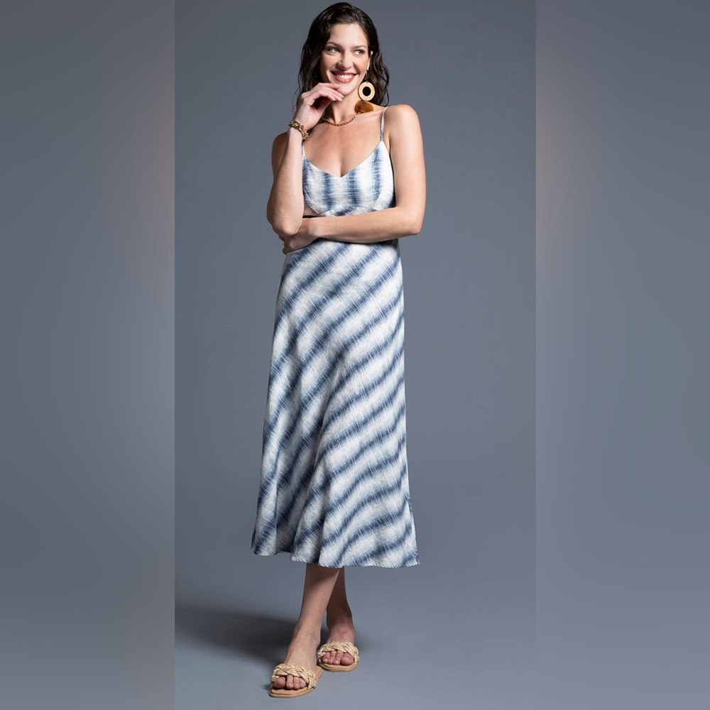 Blue and White Sleeveless V-Neck Sundress